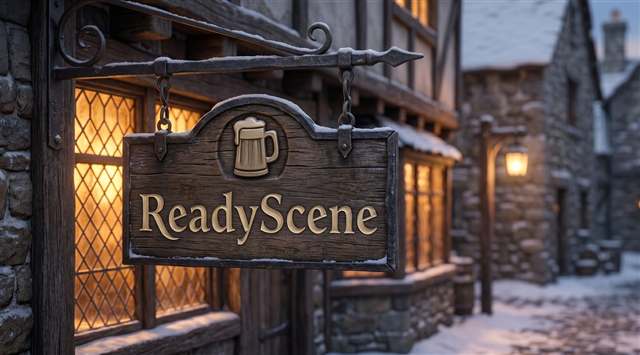 A wooden ReadyScene tavern sign hanging outside a snow-dusted inn.